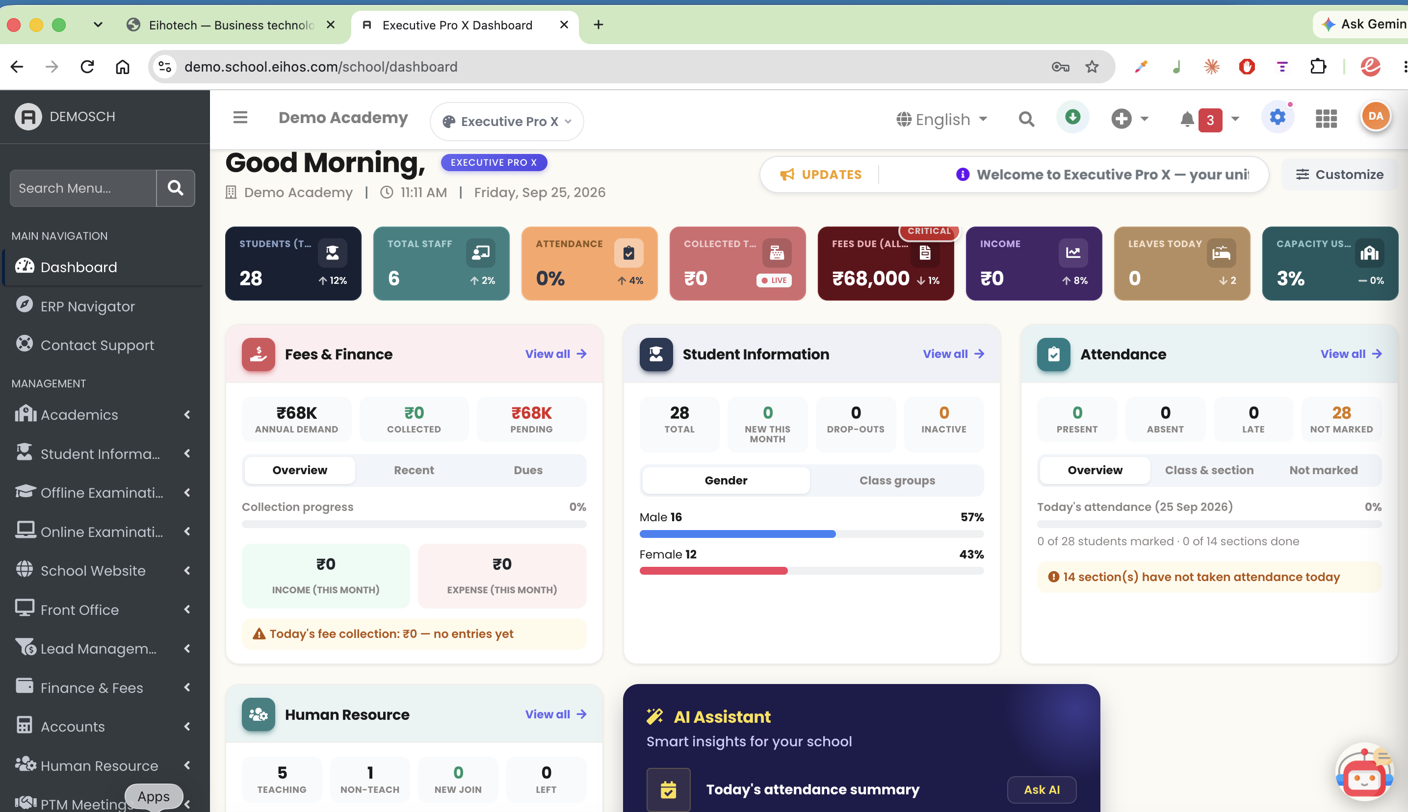 Eiho Edu ERP dashboard showing student, attendance, finance and school operations